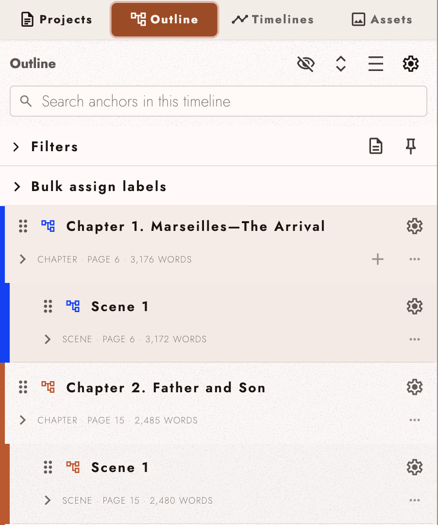 Outline showing two chapters of The Count of Monte Cristo with nested scenes and the first chapter selected