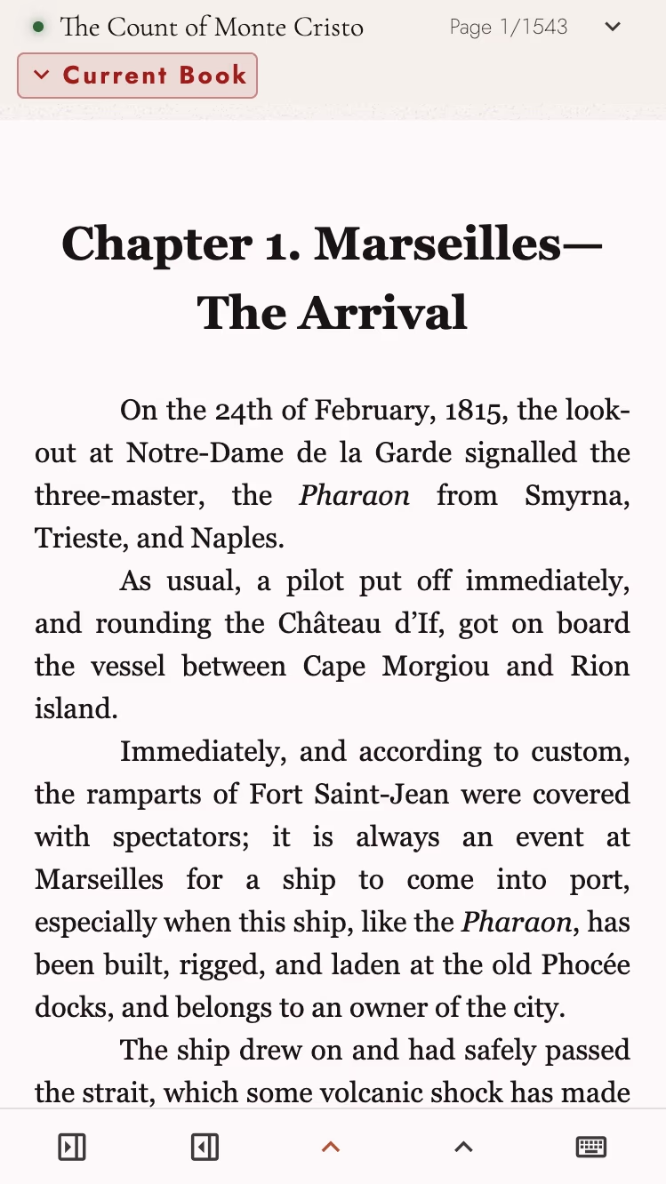 The Count of Monte Cristo open on a phone at page 1 of 1,543, the chapter set to the width of the screen with the panel dock along the foot.