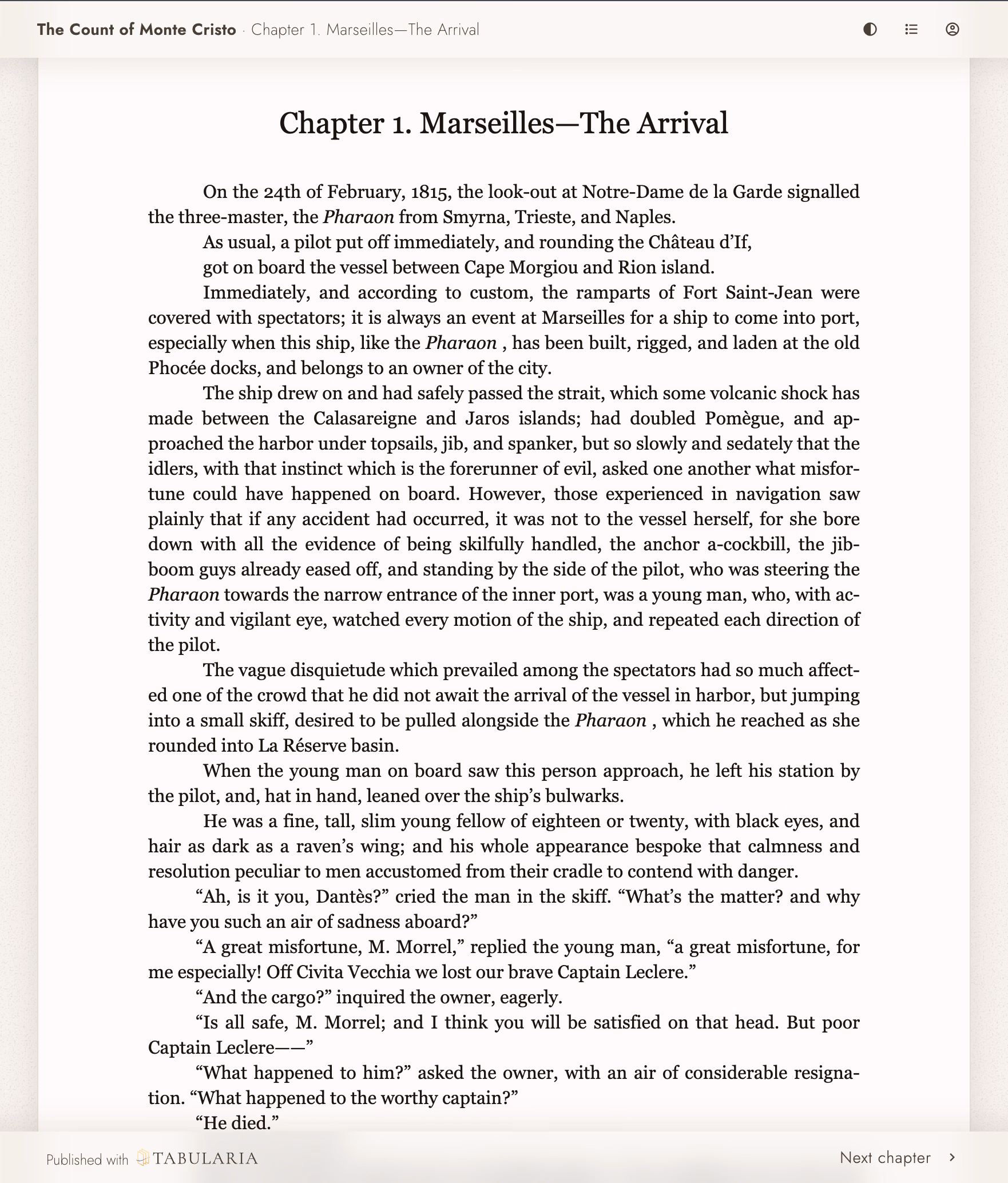 A published Tabularia reader page for The Count of Monte Cristo with chapter navigation and reading controls