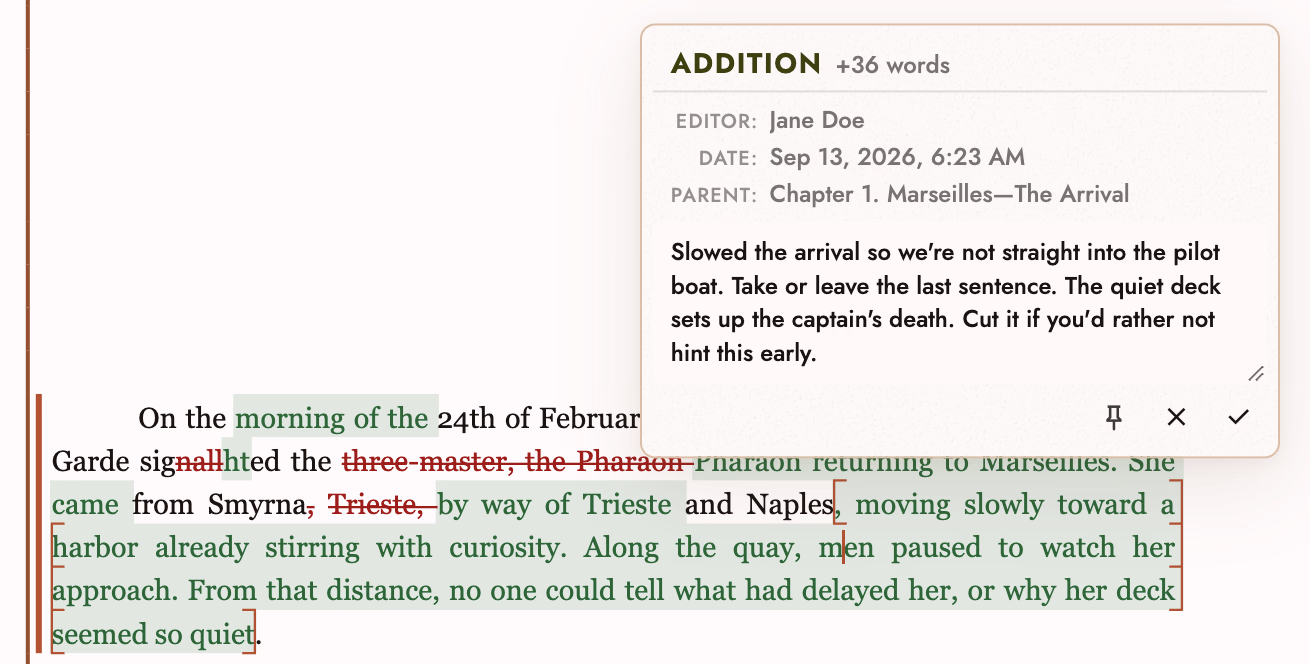 A proposed addition marked in green over a struck-through sentence, with the note beside it explaining the change and the control to accept it
