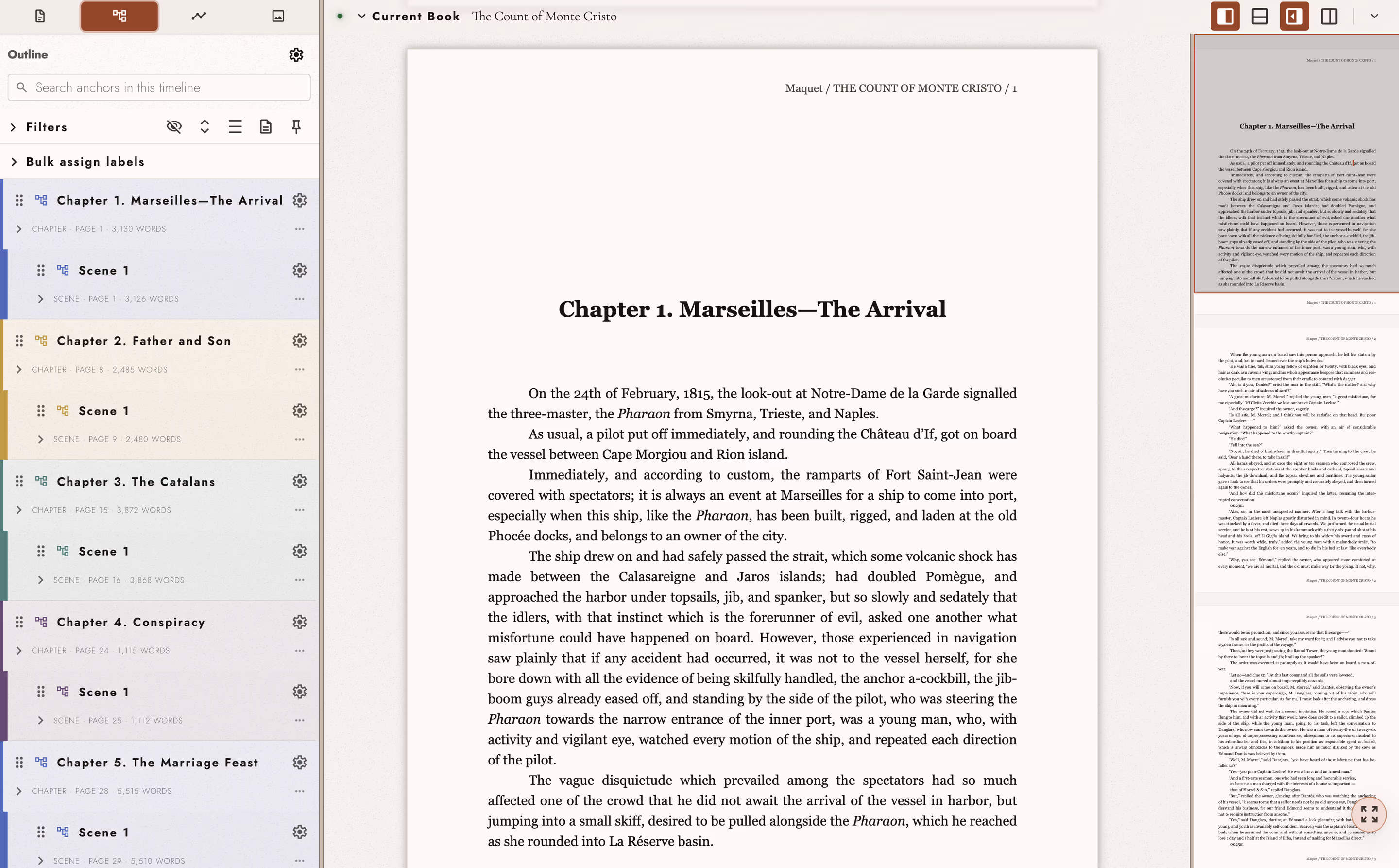 Tabularia Studio showing a book manuscript with its chapter outline and page minimap visible