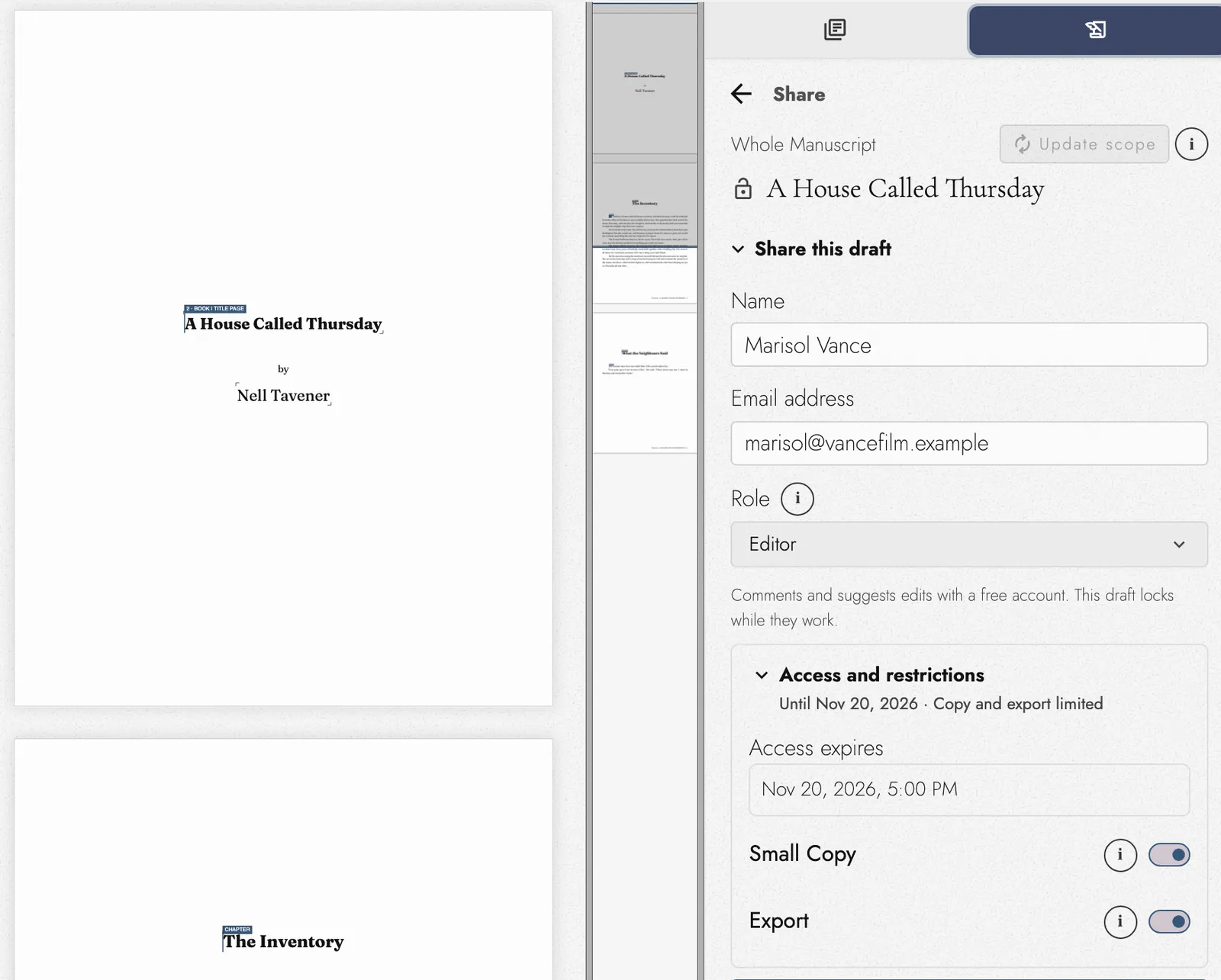 The Share panel beside the title page of A House Called Thursday, by Nell Tavener: Marisol Vance invited to edit, access until Nov 20, 2026, and Small Copy and Export both restricted.
