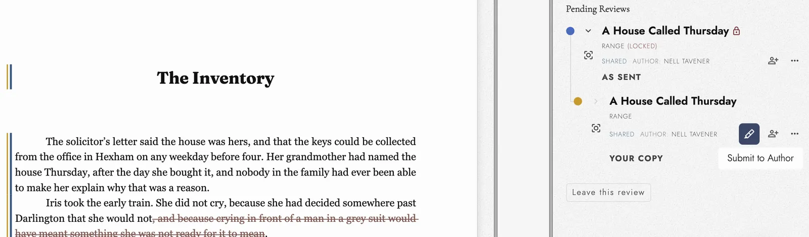 Ruth Abernathy’s copy of the chapter The Inventory in Markup: the clause after “she would not” struck through, beside a Pending Reviews panel listing the As Sent version and Your Copy with a Submit to Author button.
