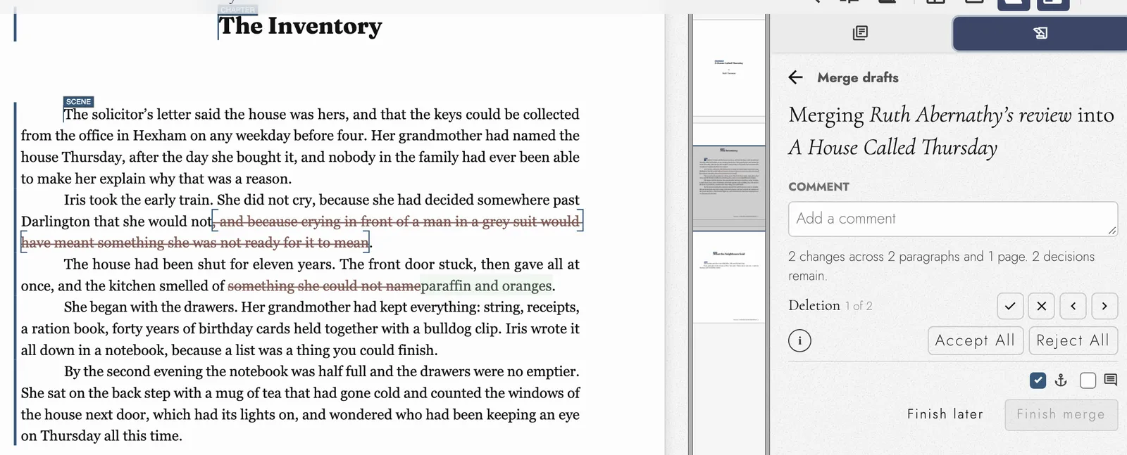Merging Ruth Abernathy’s review into A House Called Thursday: a struck clause and “something she could not name” replaced by “paraffin and oranges” on the page, and a panel counting two changes with controls to accept or reject each one or all of them.