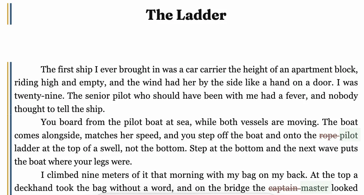 Ruth Akintola’s review of The Ladder in Markup: “rope” struck through beside “pilot,” and “captain” struck through beside “master.”