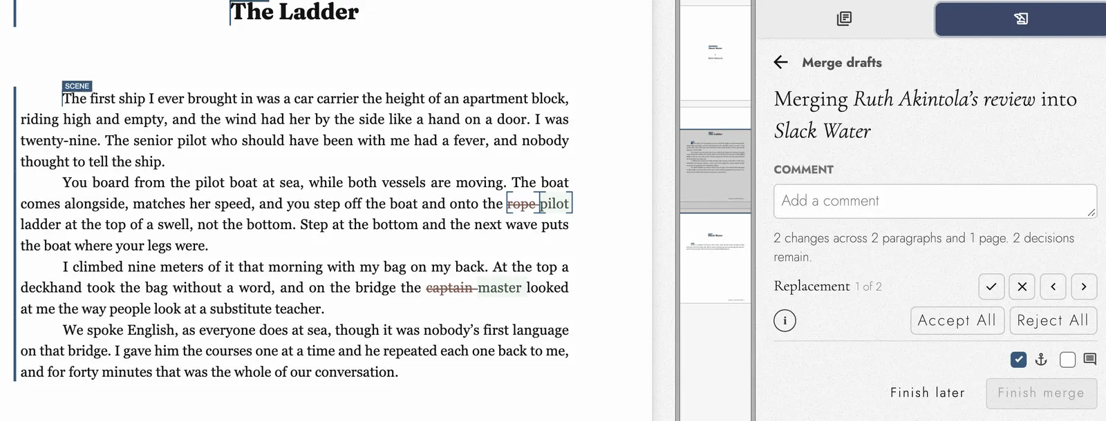 Merging Ruth Akintola’s review into Slack Water: both replaced words marked on the page, and a panel counting two changes, with controls to accept or reject each one or all of them.