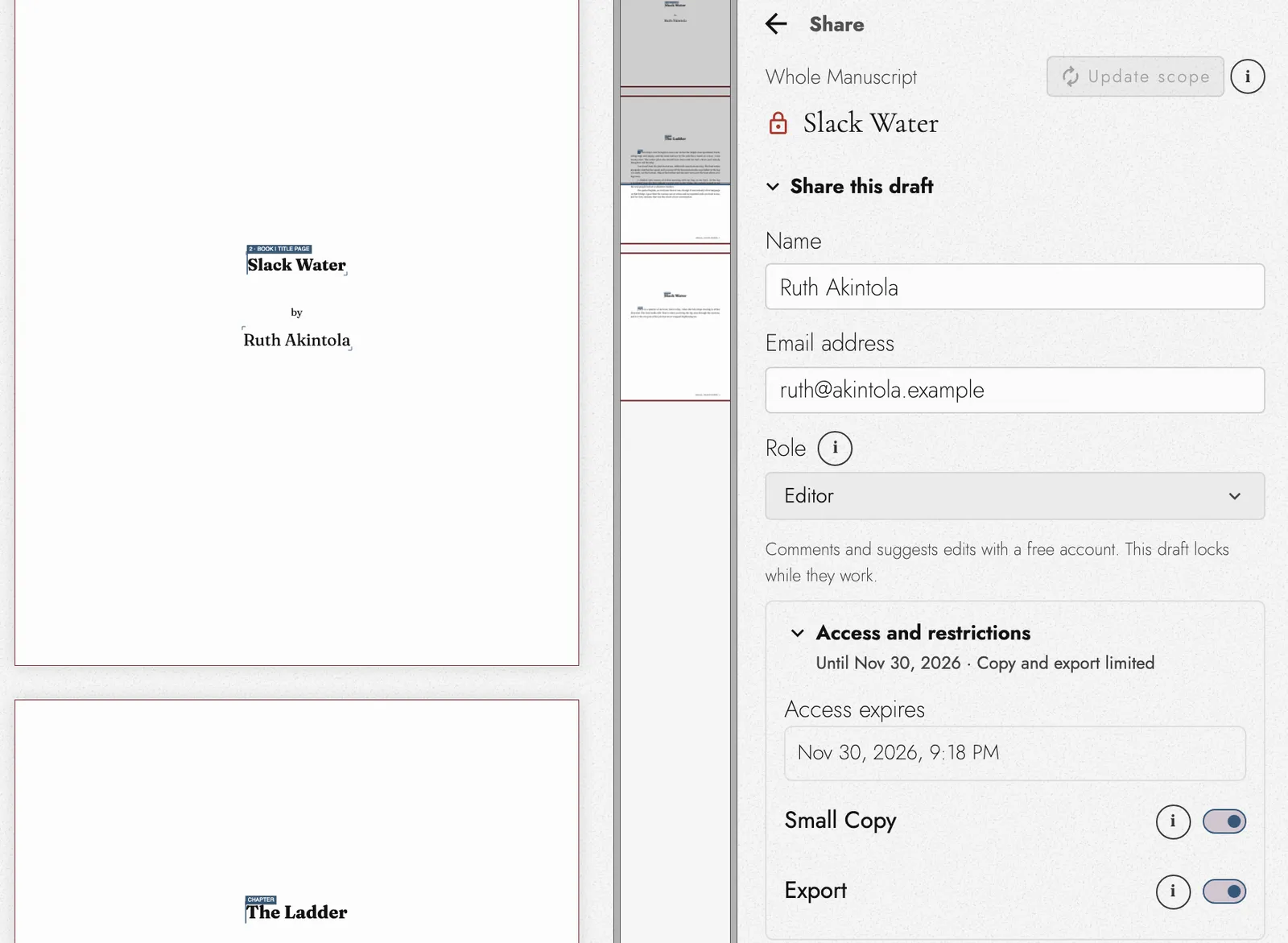 The Share panel beside the title page of Slack Water, by Ruth Akintola: Ruth Akintola invited in the Editor role, access until Nov 30, 2026, and Small Copy and Export both restricted.