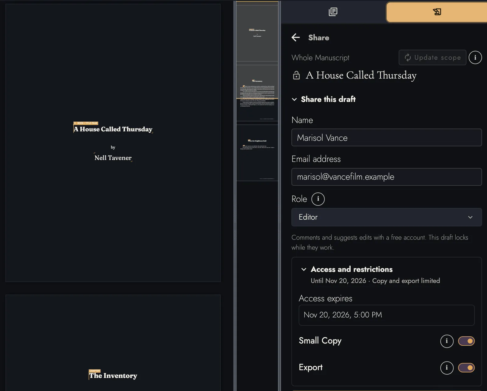 The Share panel beside the title page of A House Called Thursday, by Nell Tavener: Marisol Vance invited to edit, access until Nov 20, 2026, and Small Copy and Export both restricted.