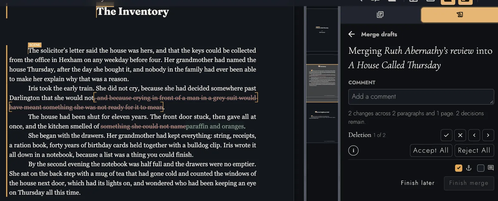 Merging Ruth Abernathy’s review into A House Called Thursday: a struck clause and “something she could not name” replaced by “paraffin and oranges” on the page, and a panel counting two changes with controls to accept or reject each one or all of them.
