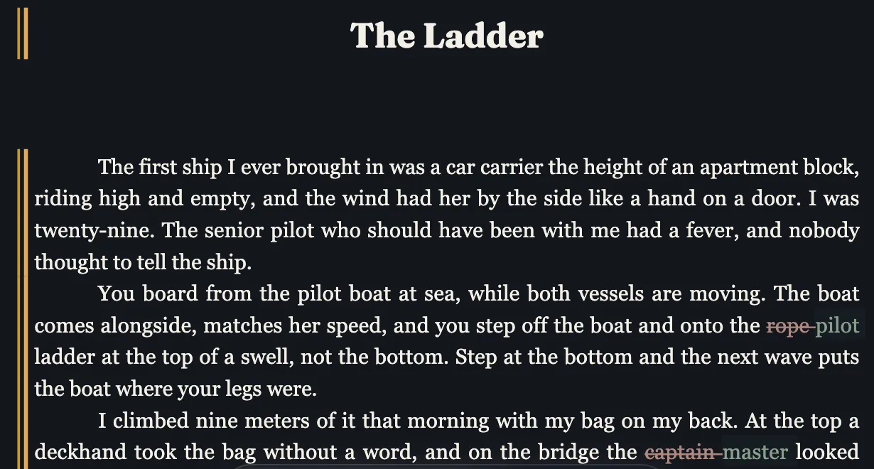 Ruth Akintola’s review of The Ladder in Markup: “rope” struck through beside “pilot,” and “captain” struck through beside “master.”