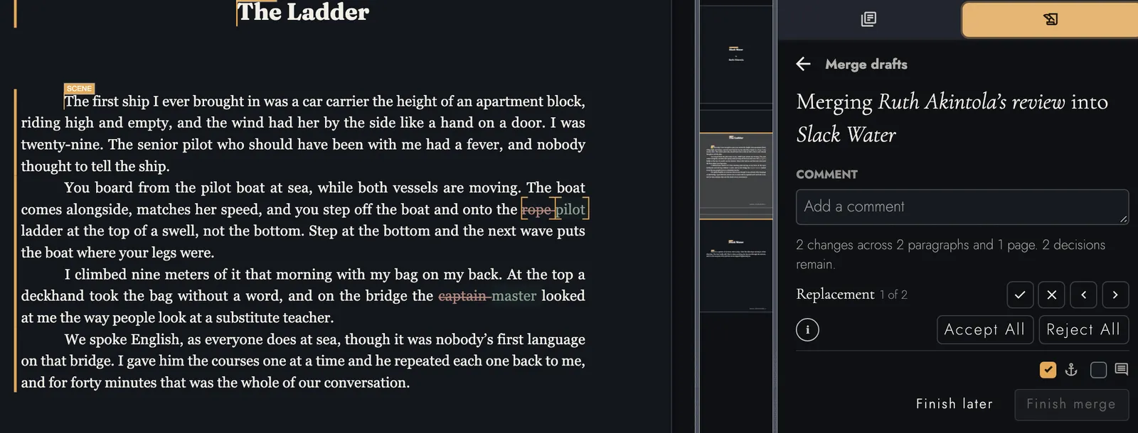 Merging Ruth Akintola’s review into Slack Water: both replaced words marked on the page, and a panel counting two changes, with controls to accept or reject each one or all of them.