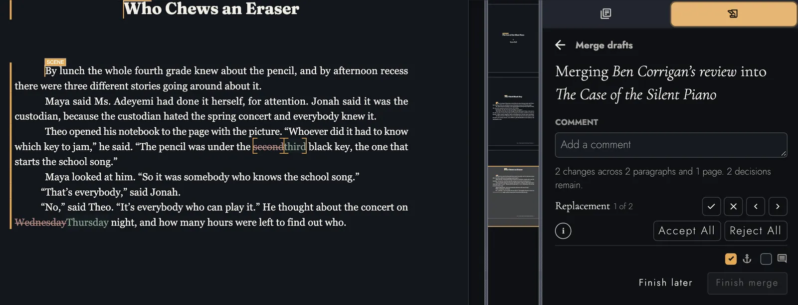 Merging Ben Corrigan’s review into The Case of the Silent Piano: “second” struck through beside “third”, “Wednesday” struck through beside “Thursday”, and a panel counting two changes with controls to accept or reject each one or all of them.