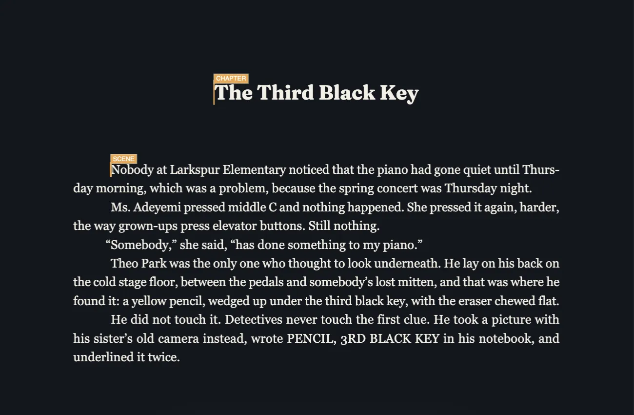 The opening page of the chapter The Third Black Key in The Case of the Silent Piano, set as a book page: a centered chapter title, then indented paragraphs in which Theo finds a yellow pencil wedged under the third black key.