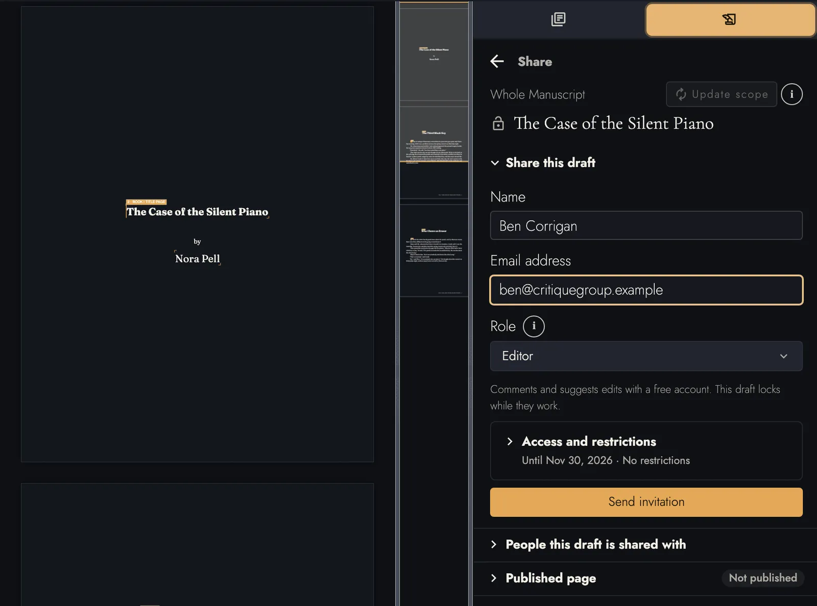 The Share panel beside the title page of The Case of the Silent Piano, by Nora Pell: Ben Corrigan entered with a placeholder address, the role set to Editor, and access until Nov 30, 2026 with no restrictions.