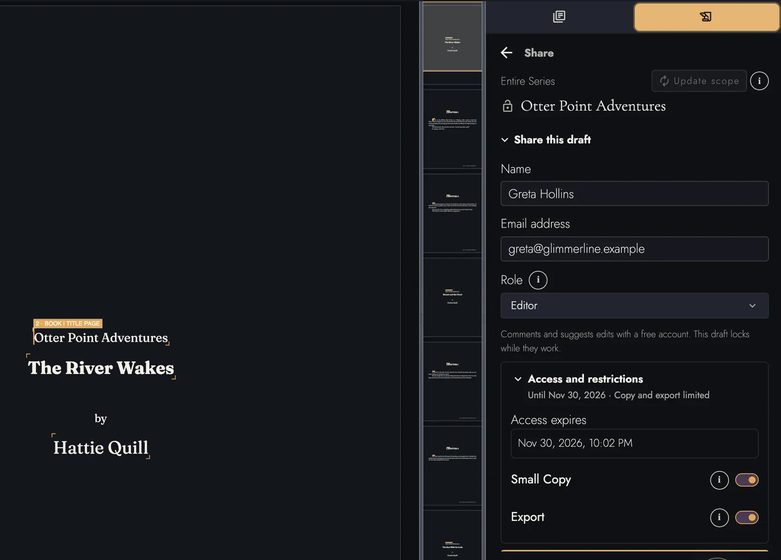 The Share panel for the whole of Otter Point Adventures beside a title page reading The River Wakes by Hattie Quill: Greta Hollins invited to edit, access until Nov 30, 2026, and Small Copy and Export both restricted.