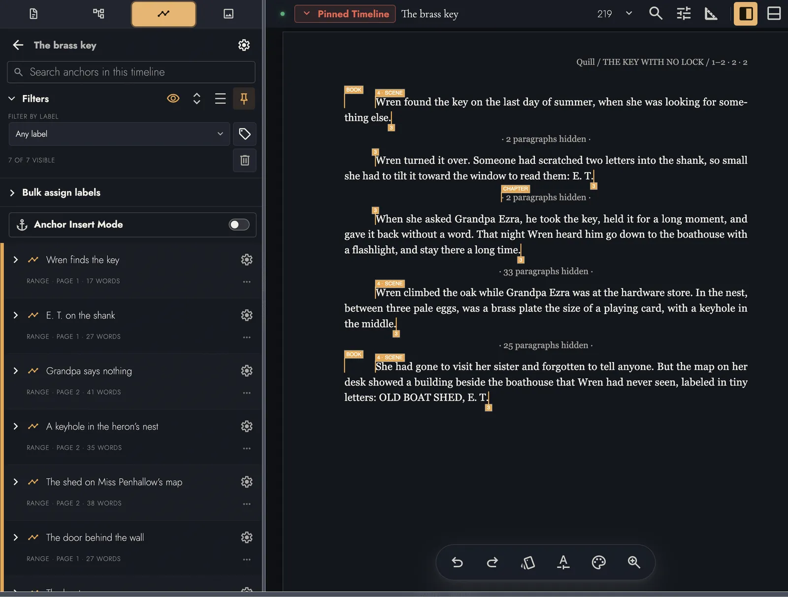 The brass key timeline pinned in Otter Point Adventures: seven markers listed at left, and passages from The Key With No Lock, The Heron’s Secret, and The Missing Mapmaker on the page with the paragraphs between them hidden.