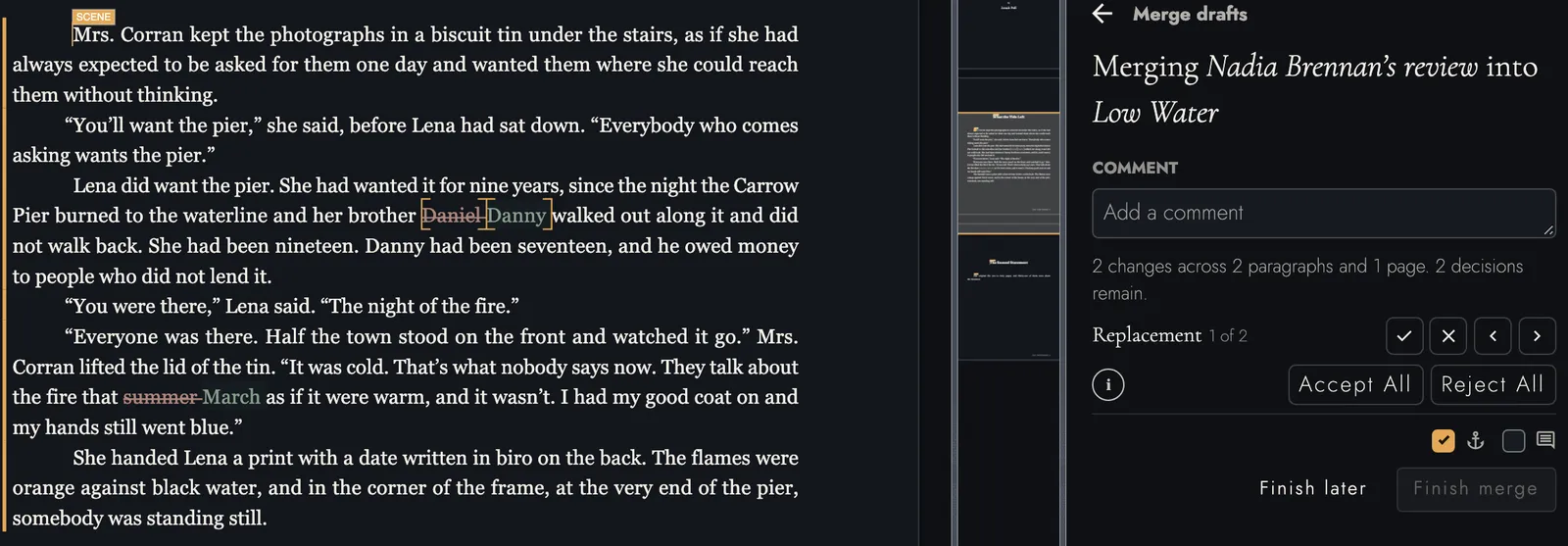 Merging Nadia Brennan’s review into Low Water: both changes marked on the page, and a panel counting two changes across two paragraphs, with controls to accept or reject each one or all of them.