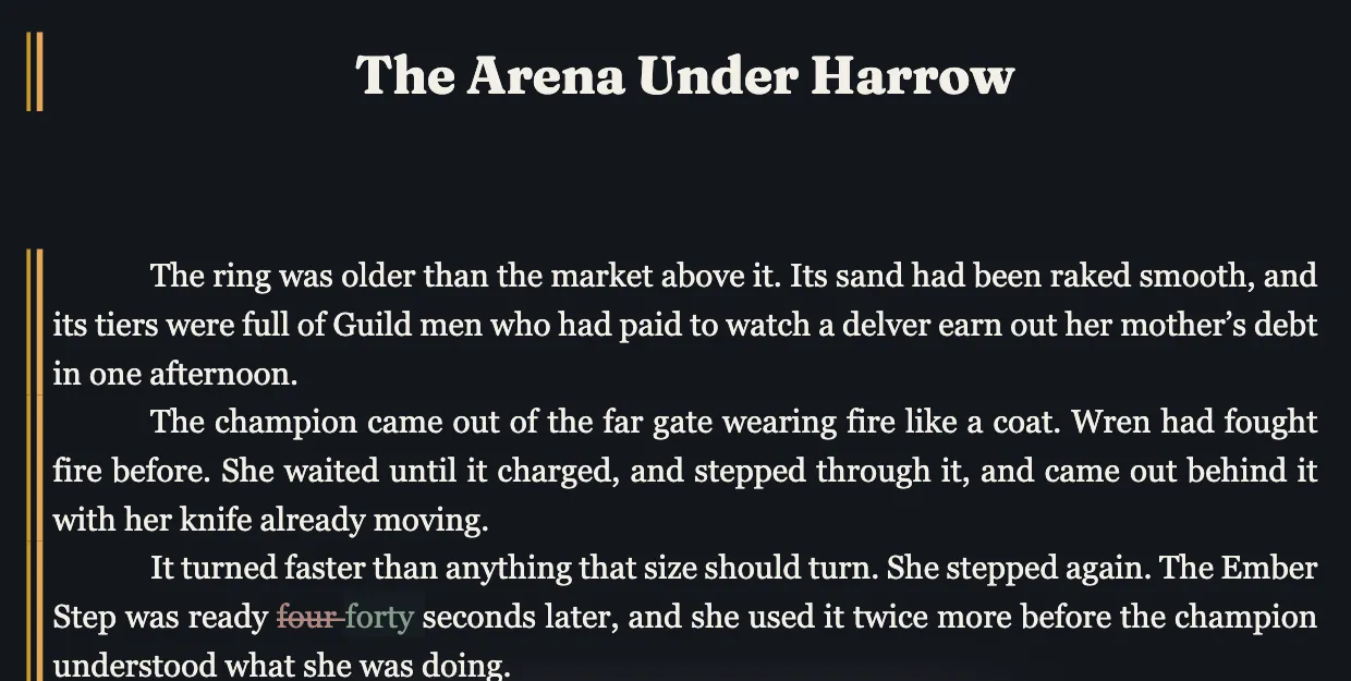 Felix Adair’s copy of The Arena Under Harrow in Markup: “four” struck through beside “forty” in the sentence about when the Ember Step was ready again.