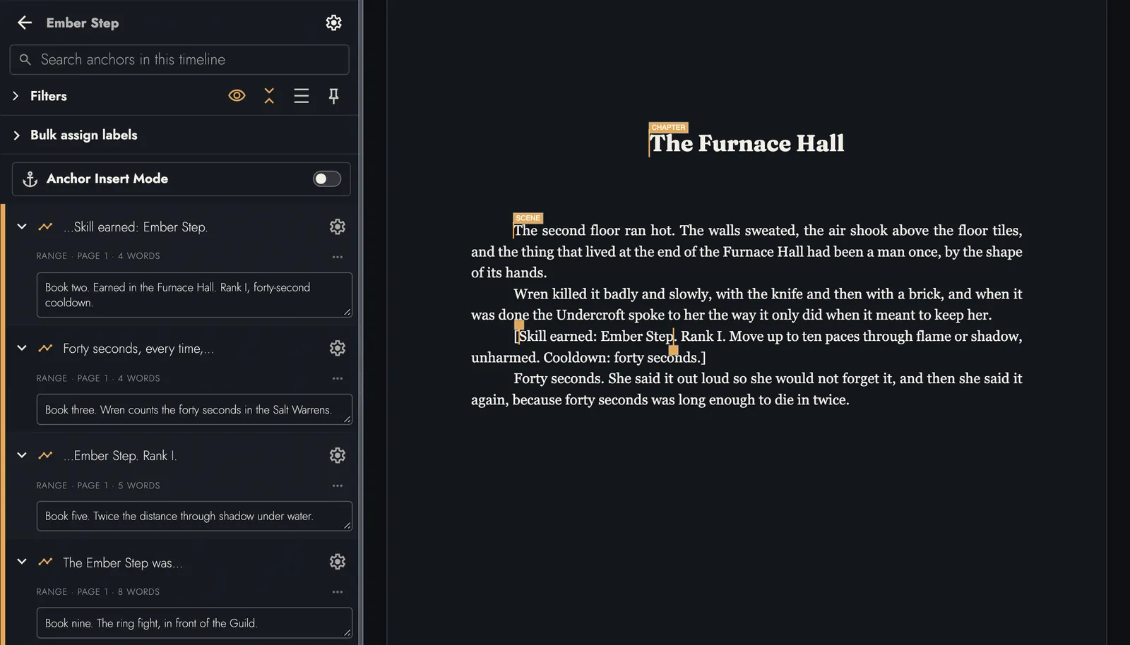 The Ember Step timeline in the sidebar, with four range markers and a note under each naming books two, three, five, and nine, beside the book two passage that reads “Skill earned: Ember Step. Rank I.” and gives a cooldown of forty seconds.