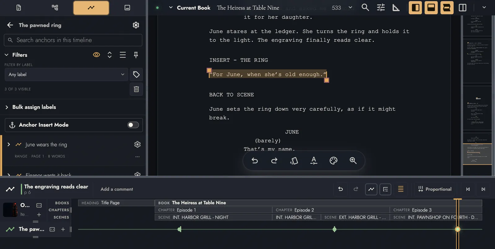 The pawned ring Timeline, its three markers on a lane under Episodes 1, 2, and 3 in the Timeline Drawer. The marker named The engraving reads clear is selected, and the line it points at is highlighted on the script page.