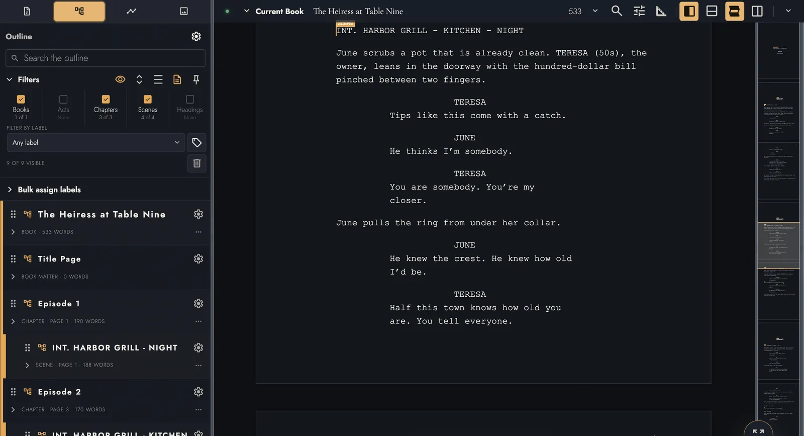 The Heiress at Table Nine on the screenplay page, the kitchen scene of Episode 2 in Courier, beside an Outline listing Episode 1 and Episode 2 with a scene heading under each.