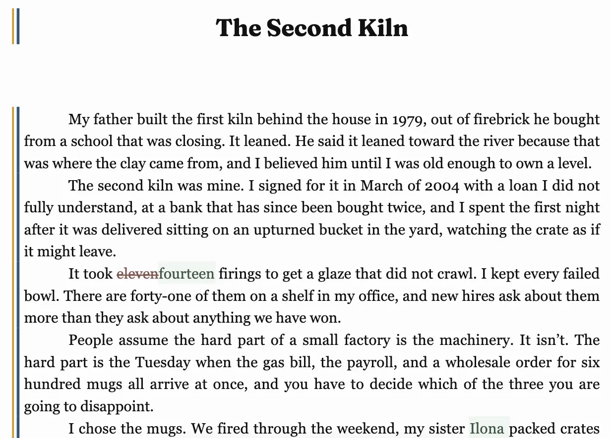Helen Varga’s copy of The Second Kiln in Markup: “eleven” struck through beside “fourteen”, and “Ilona” marked as added after “my sister”.