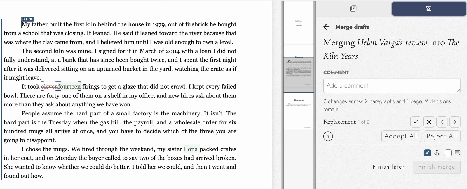 Merging Helen Varga’s review into The Kiln Years: the replaced number marked on the page, and a panel counting two changes, with controls to accept or reject each one or all of them.