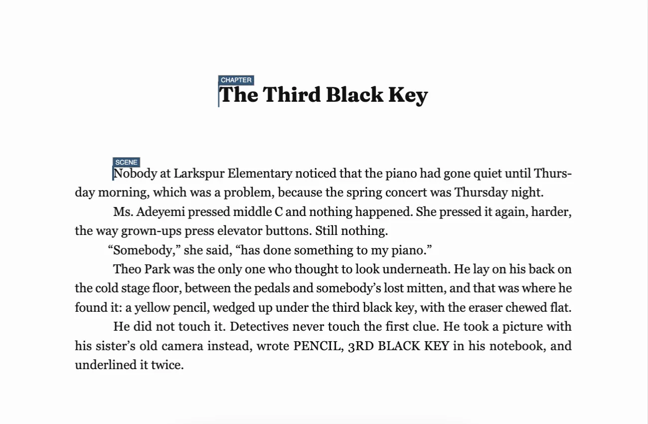 The opening page of the chapter The Third Black Key in The Case of the Silent Piano, set as a book page: a centered chapter title, then indented paragraphs in which Theo finds a yellow pencil wedged under the third black key.