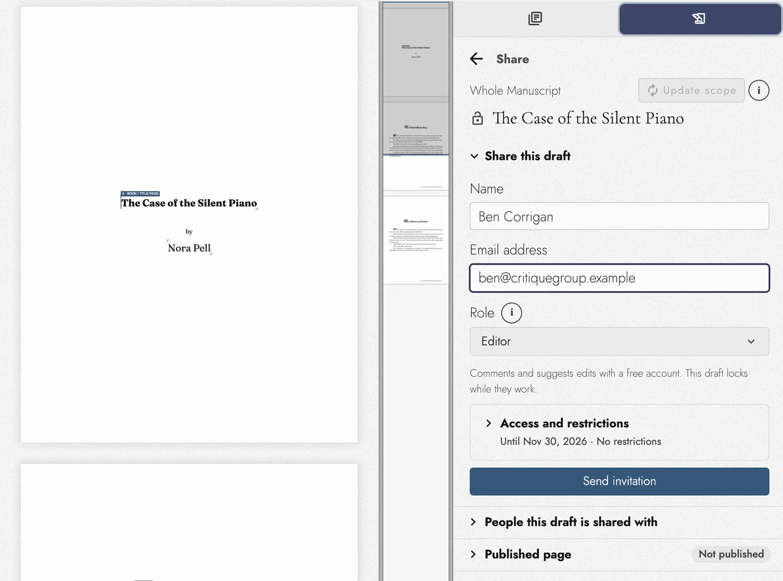 The Share panel beside the title page of The Case of the Silent Piano, by Nora Pell: Ben Corrigan entered with a placeholder address, the role set to Editor, and access until Nov 30, 2026 with no restrictions.