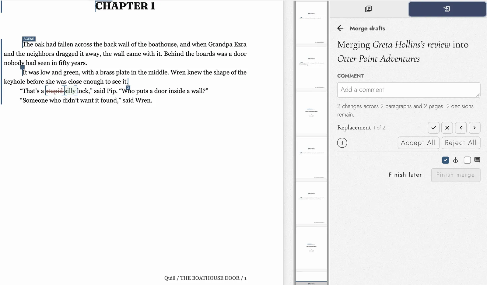 Merging Greta Hollins’s review into Otter Point Adventures: “stupid” struck through beside “silly” in The Boathouse Door, and a panel counting two changes, with controls to accept or reject each one or all of them.