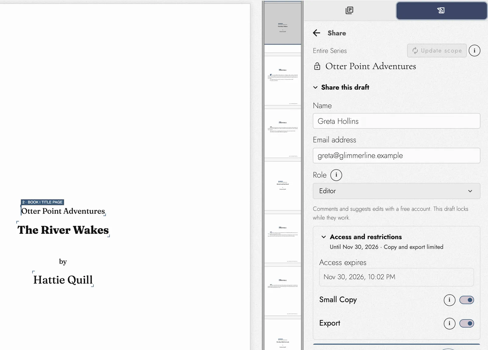 The Share panel for the whole of Otter Point Adventures beside a title page reading The River Wakes by Hattie Quill: Greta Hollins invited to edit, access until Nov 30, 2026, and Small Copy and Export both restricted.