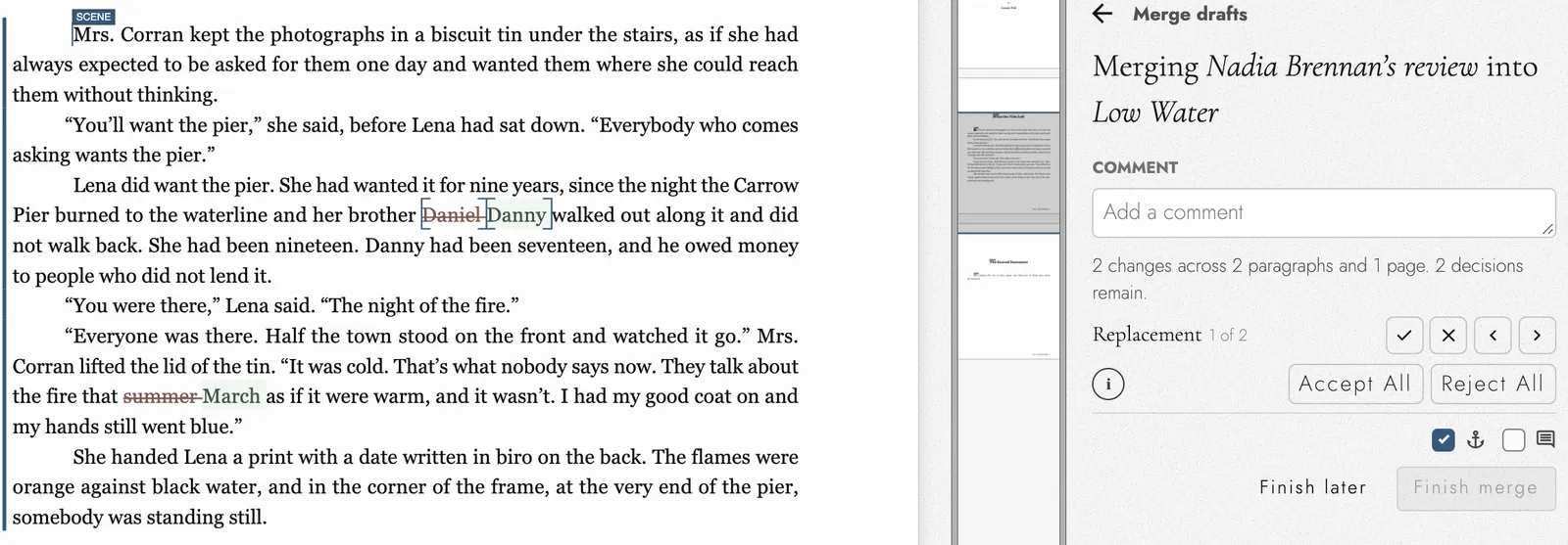 Merging Nadia Brennan’s review into Low Water: both changes marked on the page, and a panel counting two changes across two paragraphs, with controls to accept or reject each one or all of them.