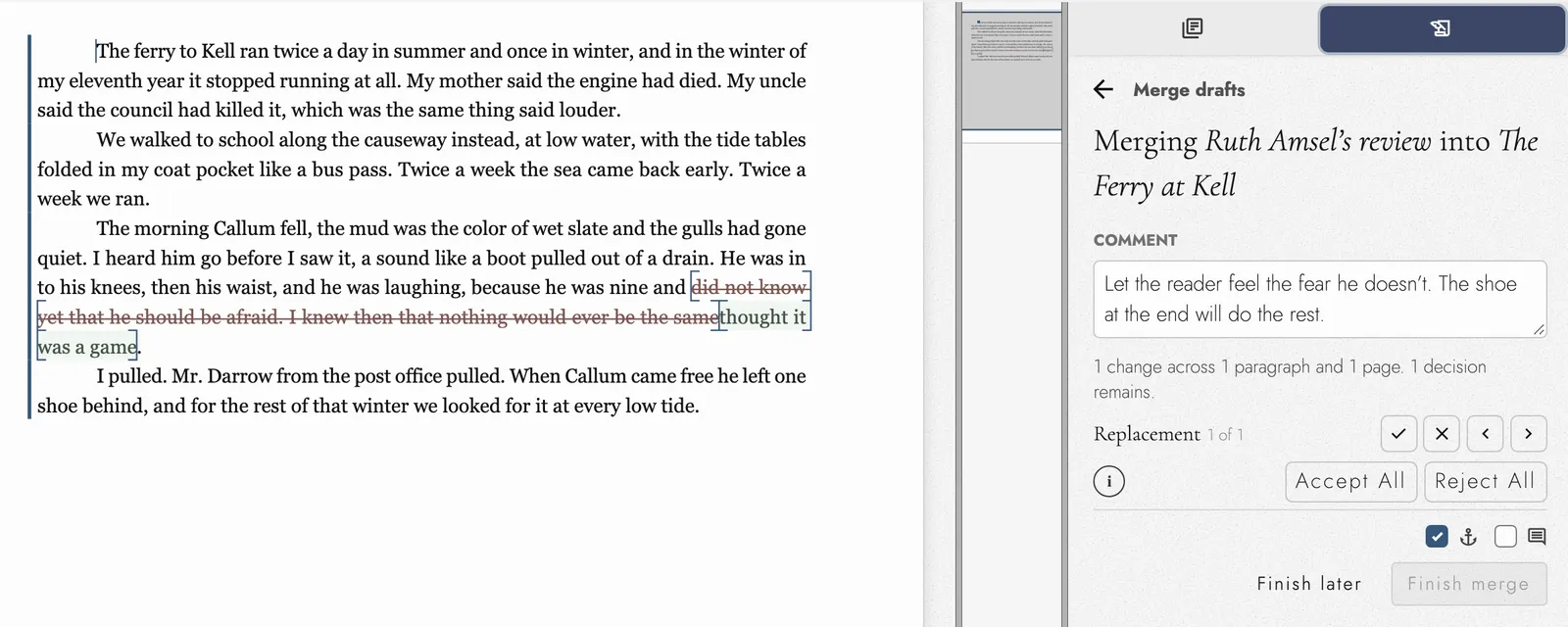Merging Ruth Amsel’s review into The Ferry at Kell: her replacement marked on the page, and a panel holding her comment, one change to decide, and controls to accept or reject it.