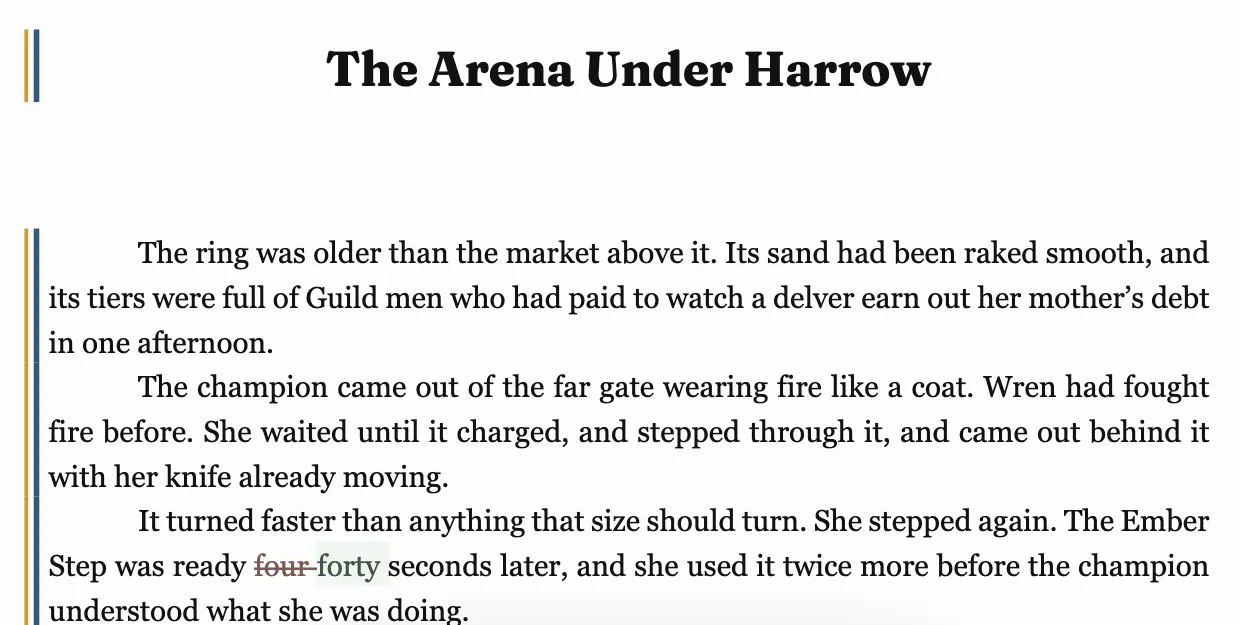 Felix Adair’s copy of The Arena Under Harrow in Markup: “four” struck through beside “forty” in the sentence about when the Ember Step was ready again.