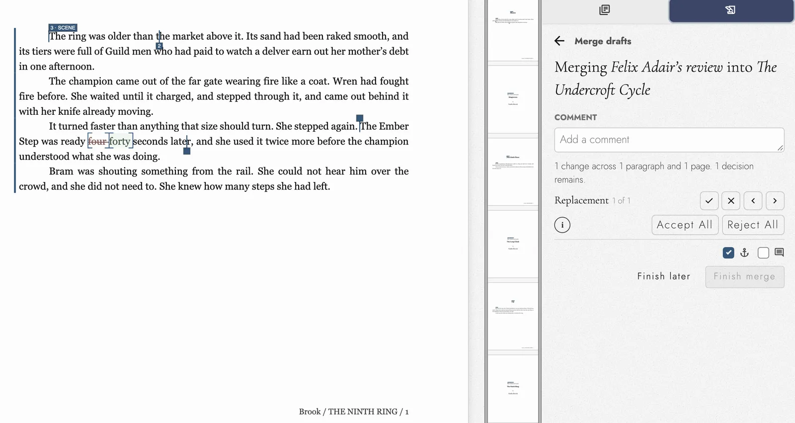 Merging Felix Adair’s review into The Undercroft Cycle: “four” replaced by “forty” on a page whose footer reads Brook, The Ninth Ring, and a panel counting one change, with controls to accept or reject it.