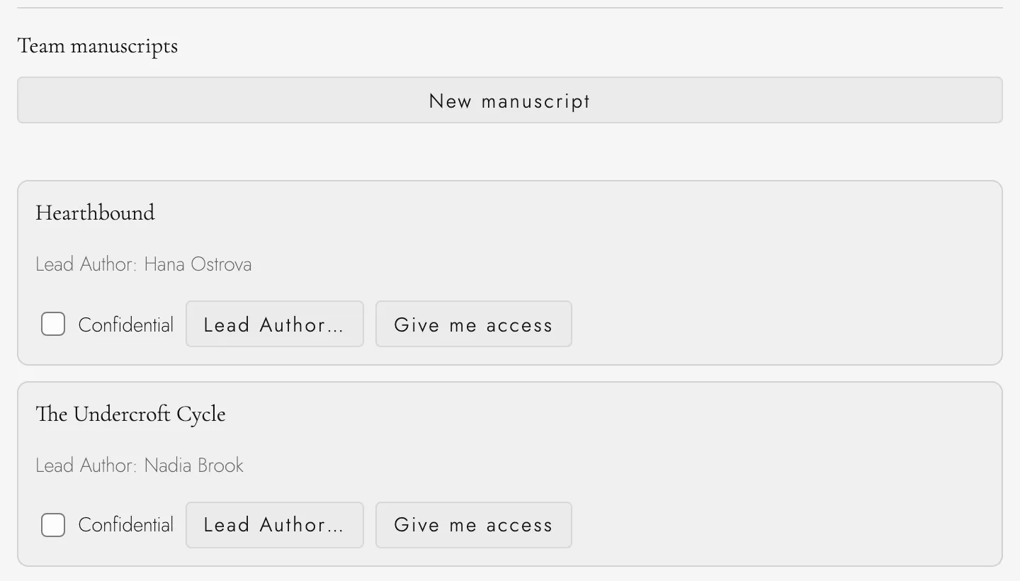 Brasswick Audio’s team manuscripts: Hearthbound, led by Hana Ostrova, and The Undercroft Cycle, led by Nadia Brook, each with a Confidential box and buttons to change the Lead Author or give the viewer access.