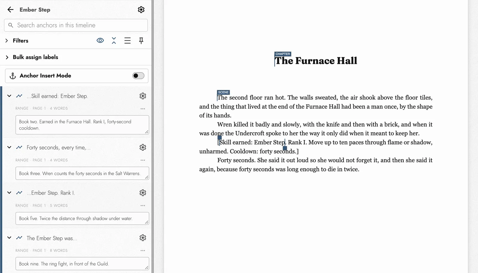 The Ember Step timeline in the sidebar, with four range markers and a note under each naming books two, three, five, and nine, beside the book two passage that reads “Skill earned: Ember Step. Rank I.” and gives a cooldown of forty seconds.