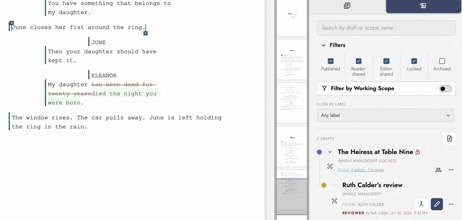 Ruth Calder’s returned review in Markup: Eleanor’s line “has been dead for twenty years” struck through, with “died the night you were born” inserted, beside the Drafts panel marking the review Reviewed.