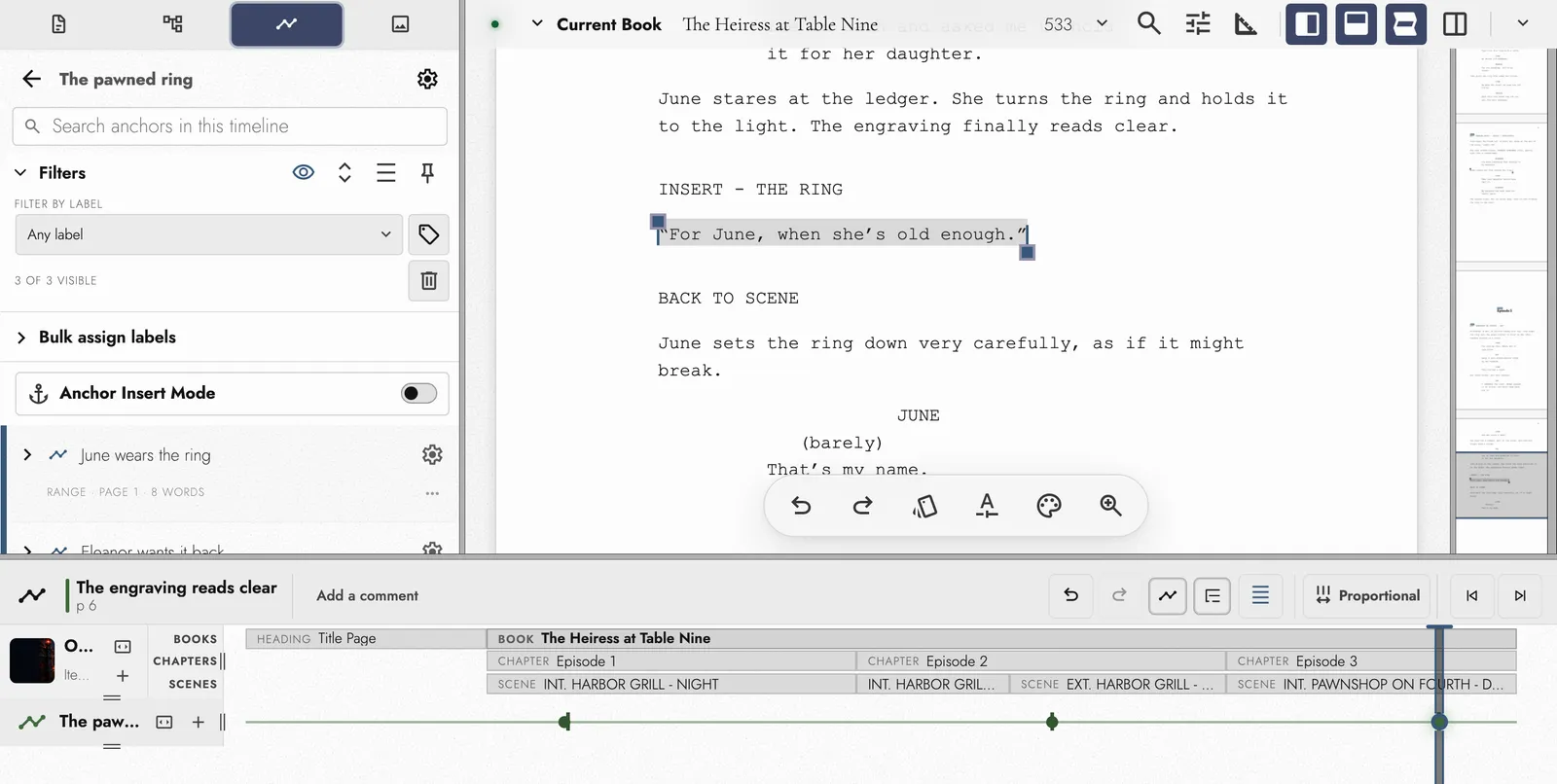 The pawned ring Timeline, its three markers on a lane under Episodes 1, 2, and 3 in the Timeline Drawer. The marker named The engraving reads clear is selected, and the line it points at is highlighted on the script page.