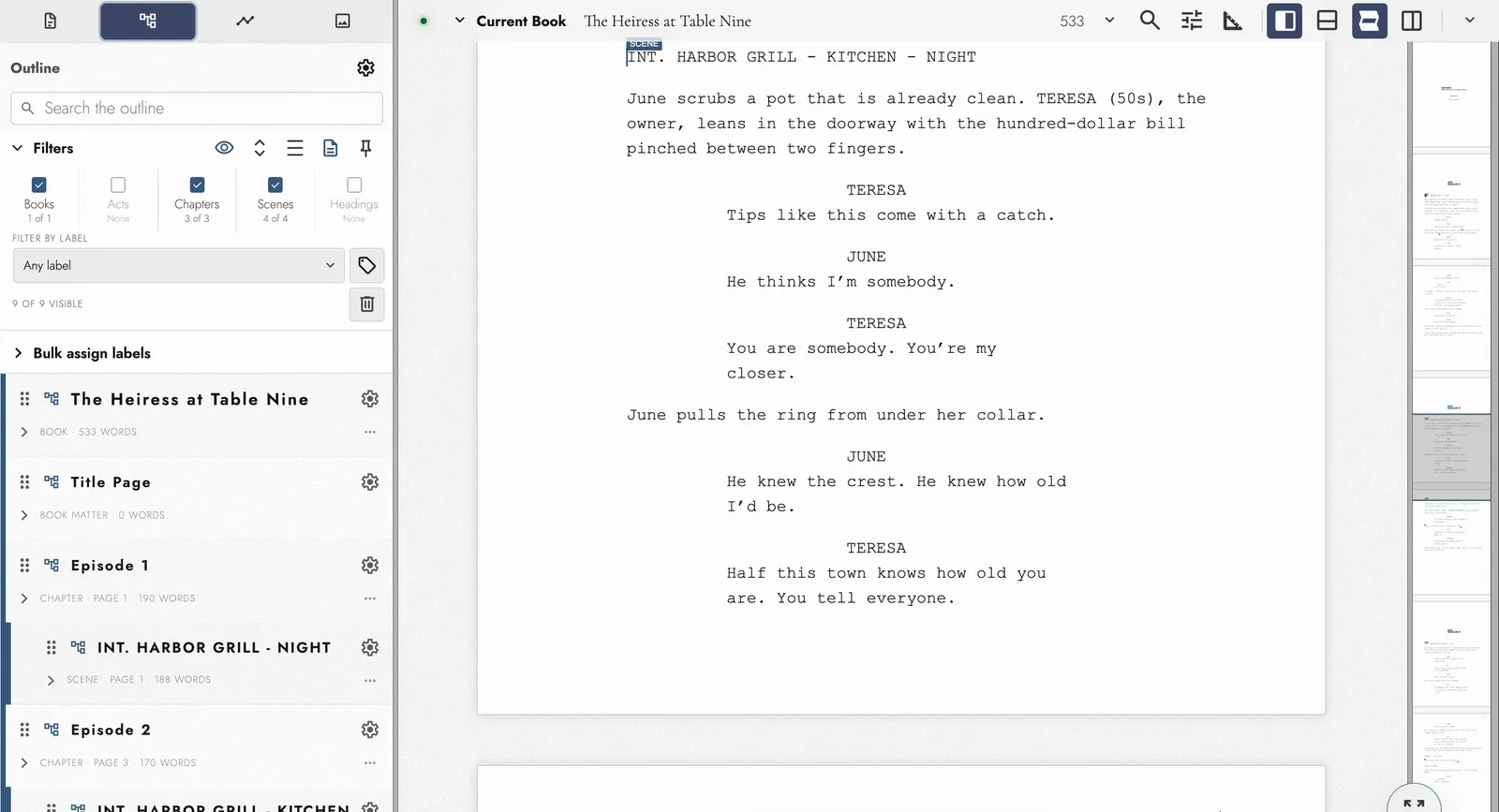 The Heiress at Table Nine on the screenplay page, the kitchen scene of Episode 2 in Courier, beside an Outline listing Episode 1 and Episode 2 with a scene heading under each.